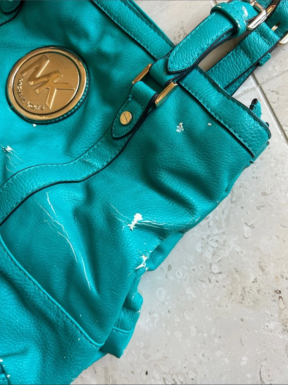 Michael Kors Teal Leather Logo Tote with Gold Medallion